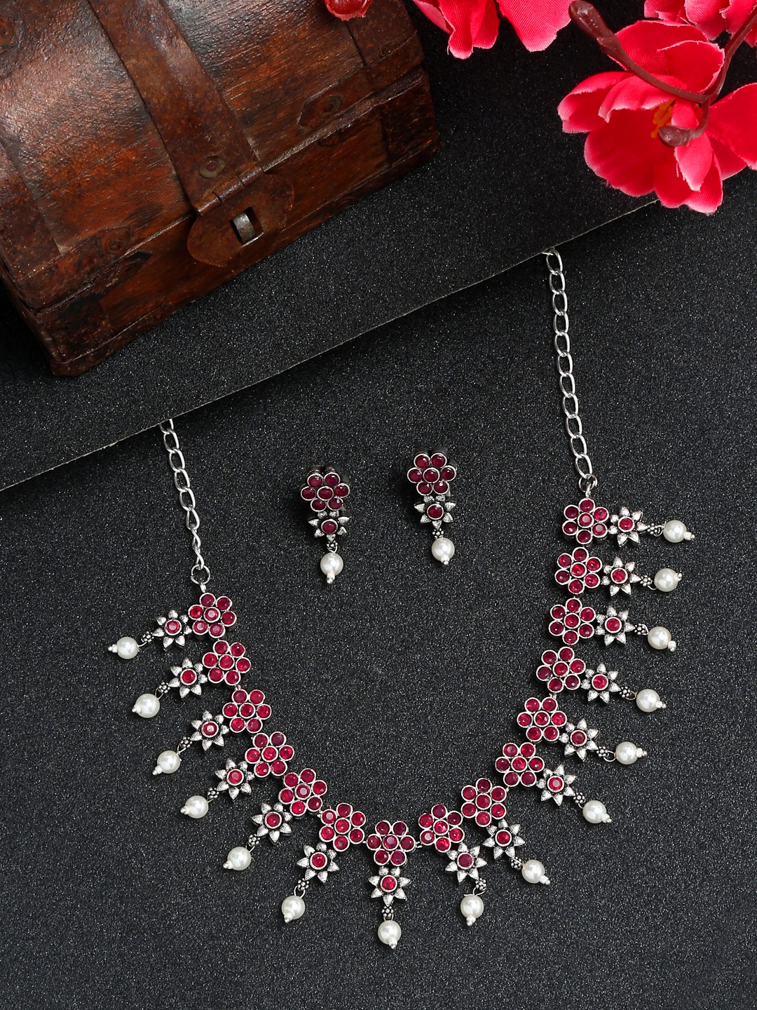 YouBella Jewellery Oxidised Silver Necklace Jewellery Set with Earrings for Girls and Women (Red) (YBNK_50522)